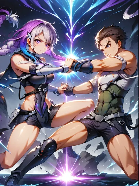 (1yj1),(boy,Strong body:1.5),(boy and girl fighting:1.9),Anime Girl, (Purple and White Ombre Double Braid Long Ponytail:1.3), (A bunch of dark purple hair on the forehead, multicolored hair, (Dark purple eyes),Cool, character, brave, White Mech SuitBREAK B...
