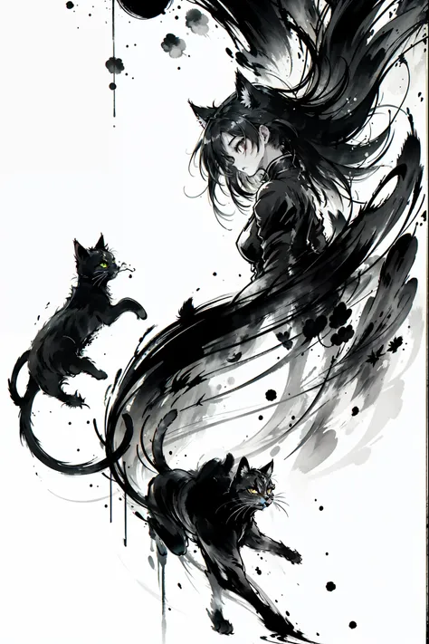 (8k, raw photos, 最high quality, masterpiece: 1.2), black and white, monochrome artwork, ink painting, (((1 girl and 1 cat))), st...