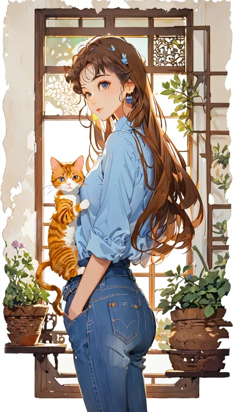 1 girl, brown long hair, curry hair, check blue shirts, denim pants, portfolio, side view, cat on girl, paper cutting style