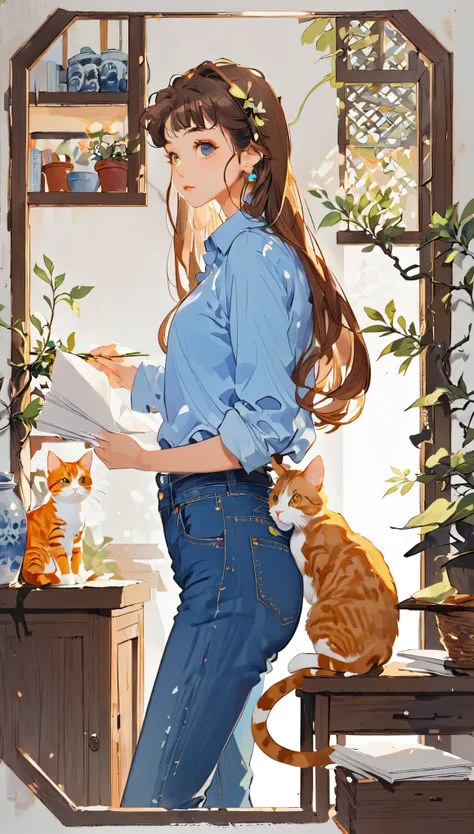 1 girl, brown long hair, curry hair, check blue shirts, denim pants, portfolio, side view, cat on girl, paper cutting style