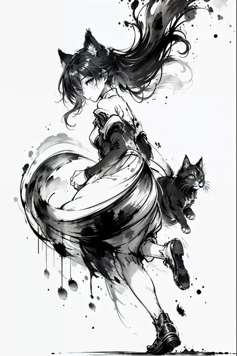 (8k, RAW Photos, 最high quality, masterpiece: 1.2), Black and White, Monochrome artwork, Ink Painting, (((1 girl and 1 cat))), Straight Long Hair, China dress, Vibrant, female curvy beauty, (With a cat:1.2), Expressing a sense of speed with ink splashes, ((...