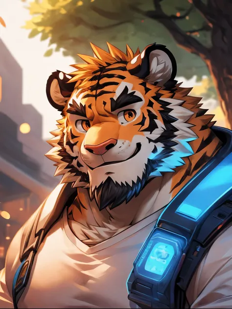 Tiger Orc，（Robot Mimic Orc）male，18 years old，Living alone，((Round Face，Very plump face，Orange smart eyes，A small amount of beard，Cyberpunk characters))，((Strong body type，Handsome，vivid))，（（picture：9：16））（Orange blue casual clothing，Tiger logo，White sports...