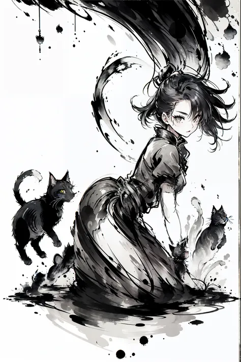 (最high quality:1.2, masterpiece:1.2, best aesthetics), black and white, monochrome artwork, ink painting, (((1 girl and 1 cat)))...