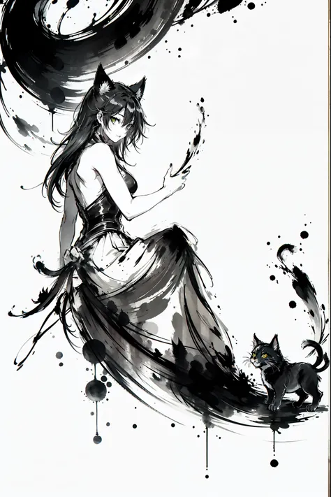 (8k, raw photos, 最high quality, masterpiece: 1.2), black and white, monochrome artwork, ink painting, (((1 girl and 1 cat))), st...