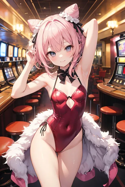 Pink Hair、ピンク目girl、Small breasts、Hair Bun、girl、Small breasts、Lolita、Bright smile、Looks about 15 years old、Petan Musume、short、目のhighlight、Sexy thighs、Bunny Girl Costume、casino、Please show me your armpits、Your eyes are so beautiful、highlight