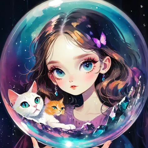 a young girl and a cat trapped in a crystal ball，vivid colors，dramatic lighting，dreamy atmosphere，beautiful eyes，long eyelashes，...