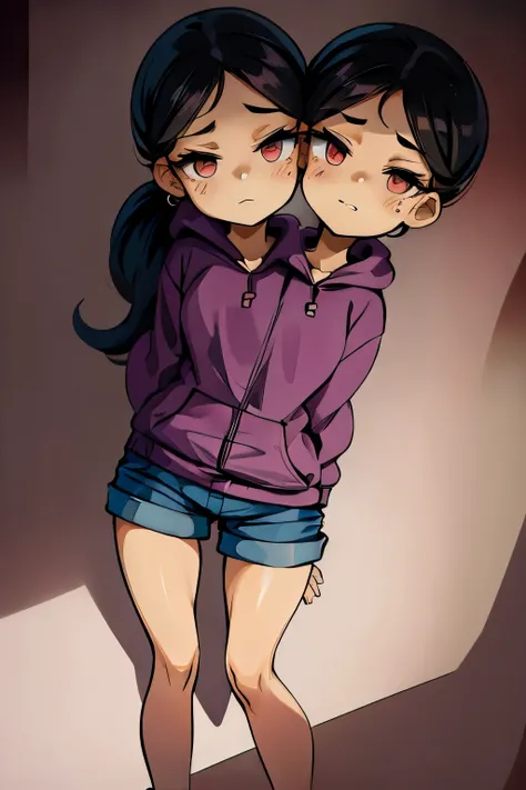 conjoined, 2heads, girl with two heads instead of one, 2head, cuerpo curvilineo, brazos curvilineos, usando shorts, ropa abrigada, piernas curvilineas, anime cartoon, using a purple hoodie, each head has a ponytail, anatomia proporcionada, torso ancho, pec...