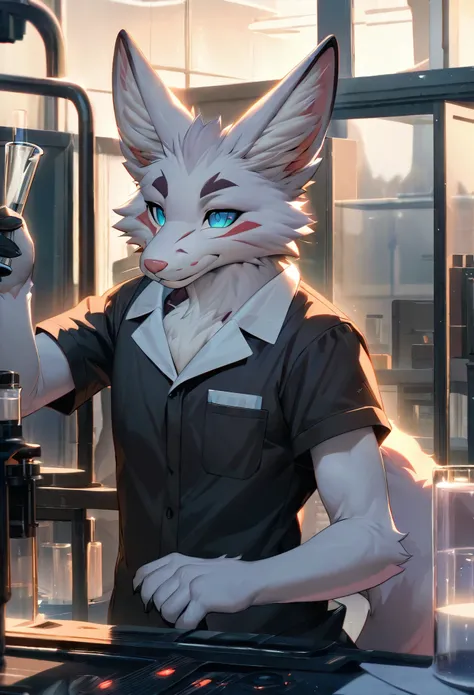 top quality, best quality, masterpiece, super high resolution, detailed background, laboratory(highly detailed beautiful face and eyes)absurdres, perfect anatomy(handsome 1boy, kemono, solo focus, labo coat)(furry)(furry anthro:1.7)(Furry body, fox facial ...