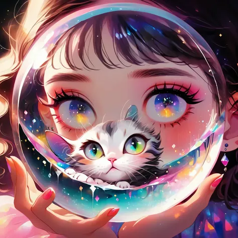 A young girl，A cat trapped in a crystal ball，Vivid colors，Dramatic lighting，Dreamy atmosphere，beautiful eyes，Long eyelashes，rough texture，Hand drawn style，