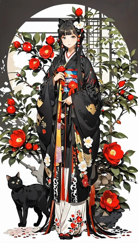 1 girl, black long hair, straight hair, kimono, camellia flowers, full body, front view, cat next to her, paper cutting style