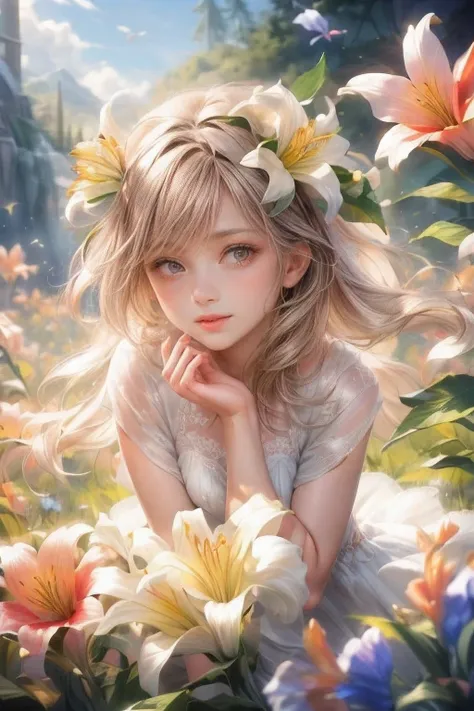 multiple exposure, masterpiece:1.2, highest quality, 16k, highres, ultra-realistic, photorealistic:1.37, beautiful detailed:1.2, cute lily fairy girl, flying in a meadow full of lilies, holding a bouquet of lilies,meadow(colorful lilies, full of lilies, bl...