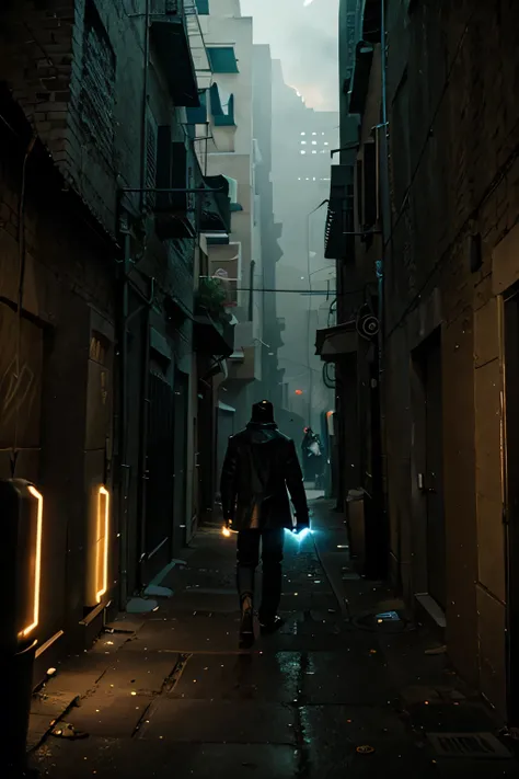 A man in an alley, stopped by a wall, with lighting in a triangular form far away on his left, 2D graphic novel art style, cinematic lighting, dramatic atmosphere, intricate details, highly detailed, vivid colors, photorealistic, masterpiece