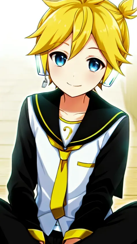 one boy, kagamine len, blue eyes, sailor collar, head set, black sleeve, close to boy, smile cutely, look at me, short hair, sho...