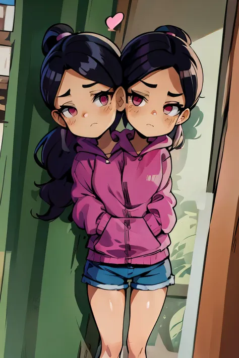 conjoined, 2heads, girl with two heads instead of one, 2head, cuerpo curvilineo, brazos curvilineos, usando shorts, ropa abrigada, piernas curvilineas, anime cartoon, using a purple hoodie, each head has a ponytail, anatomia proporcionada, torso ancho, pec...