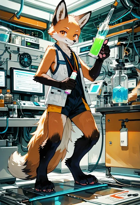 top quality, best quality, masterpiece, super high resolution, detailed background, laboratory, absurdres, perfect anatomy(handsome 1boy, kemono, solo focus, labo coat)(furry anthro, Furry body, fox facial features, fox body features)(very detailed body fu...