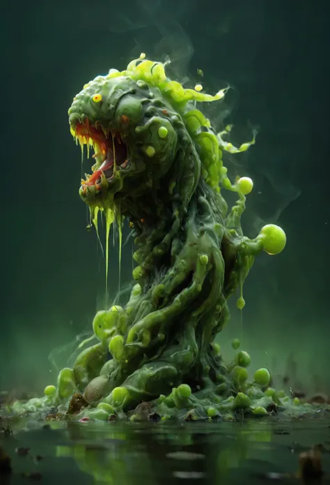 a photo in the style of kurt regschek, a (calamitous tremulous:1.5) slime mold creature of the swamp, (head of an [angry fanged ...