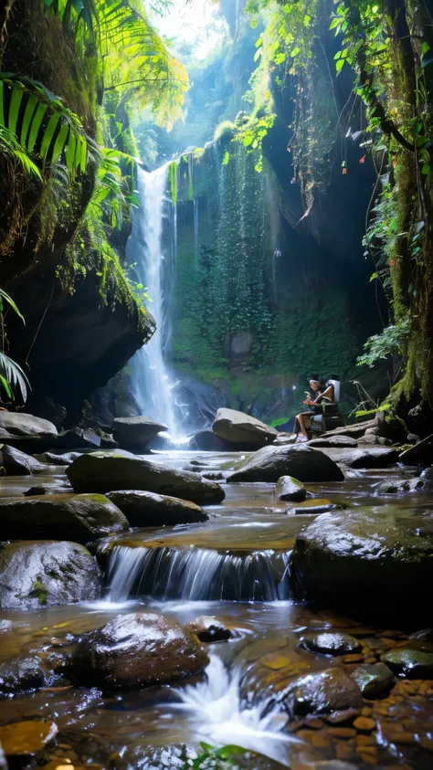 Gambarkan deskripsi terkait pemandangan gunung dan air terjun yang indah 