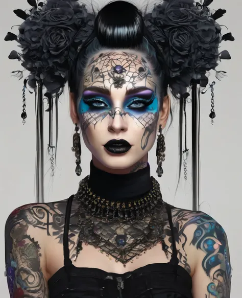 Full body shot of The elaborately decorated Gothic Trixie, embodies a fusion of cybergoth, midwest goth, nu-goth, and suburban goth. Her body is covered in black threads, organically inspired body art, and a mix of dark and mysterious influences. This stri...