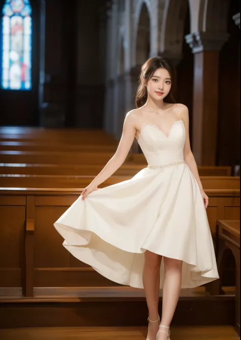 Beautiful 25 year old  skinny woman。Her legs length are very very long and beautiful .She is wearing a wedding dress. She is dancing in the church and smiling on illuminated by the evening church lights on the romantic sunset time.  her dark brown hair. Hi...