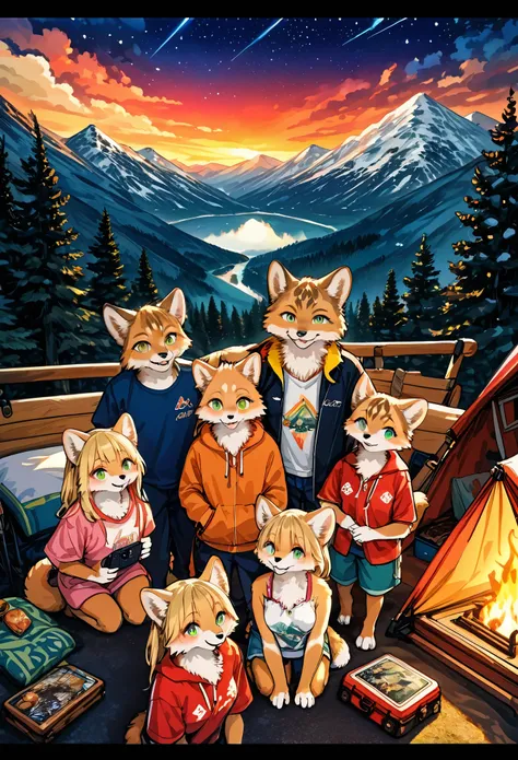 top quality, best quality, High-quality illustrations, masterpiece, super high resolution, detailed background, detailed background, Campsite in the mountains, group shot, 1boy, 1girl, camp-fire, night sky, absurdres(highly detailed beautiful face and eyes...