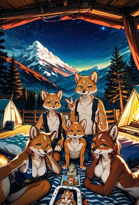 top quality, best quality, High-quality illustrations, masterpiece, super high resolution, detailed background, detailed background, Campsite in the mountains, group shot, 1boy, 1girl, camp-fire, night sky, absurdres(highly detailed beautiful face and eyes...