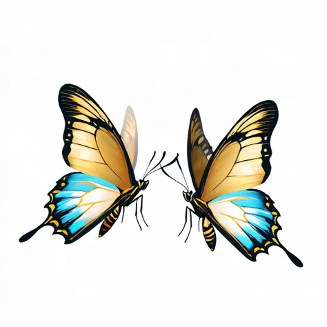 Two butterflies，blue，gold，Flying，White background