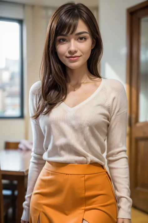 Realistic, Realistic, Tabletop, highest quality, RAW Photos, Face Focus, elegant, (One Woman), 28 years old, big, Loose-fitting white V-neck see-through knit sweater, (Orange tight skirt), (Brown Hair), (bangs), (Straight hair), (Looking into the camera), ...