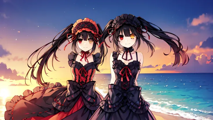 A masterpiece, best quality, seaside, Beach,A girl,arms behind back, long black hair in twin tails, (golden eyes:1.2), heterochromia, (red eyes:1.2), Kurumi Tokisaki, smiling, gothic lolita fashion accessories, victorian maid headdress, black ribbon, muzzl...