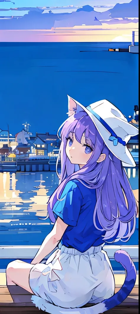 Blue T-shirt、Wearing a white hat、((Cat))、Seaside town、cute、look back、In 8K、Large file size、When watching the audience、 Overlooking the cityscape、Midnight,detailed、Long Hair,pastel colour、Purple Hair