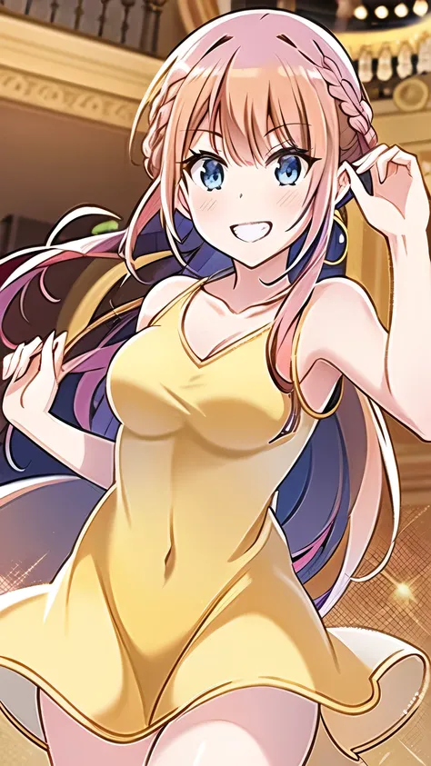 (masterpiece, best quality:1.2), 1girl, solo, (pink hair:1.5), (long hair), (ponytail), bangs, (blue eyes:1.5), closed mouth, smile, grin, collarbone, braid, ((french braid)), (eyebrows), shiny hair, (medium breasts), eyebrows visible from hair, dress, (ye...