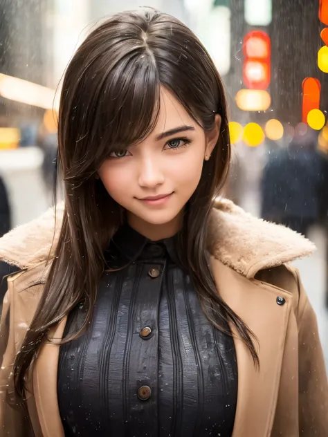 smiling girl standing in the middle of a crowded street in the pouring rain, detailed face, beautiful eyes and lips, super detai...