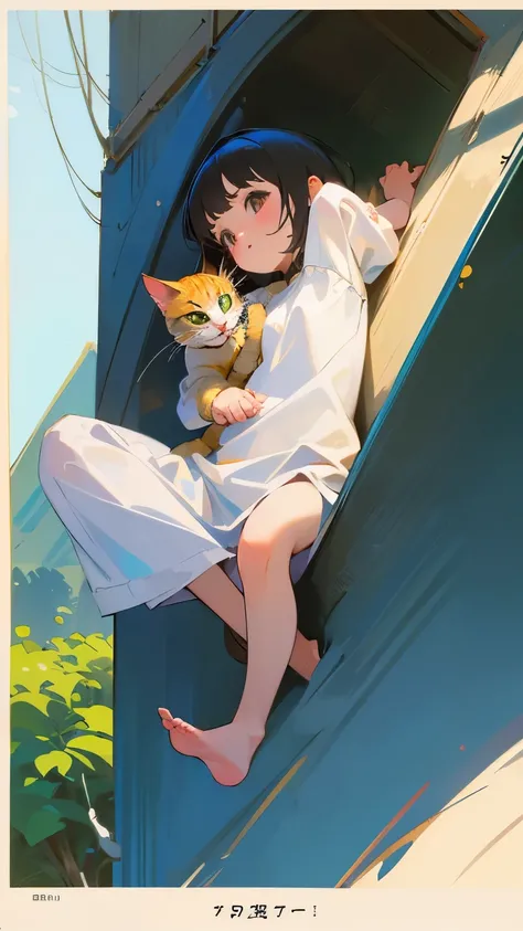 (highest quality、masterpiece)、(One human girl)、(A cat clinging to a girl&#39;s lap)、(Cat hanging from girl&#39;s arm)、(Cat jumping for candy)、(A cat lying down doing nothing)、Simple Background、(Blank background)、