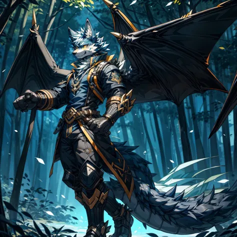 masterpiece,High quality,furry,male,(wolf with dragon wings and tails),(black&Navy blue fur),yellow eye,(Whole body),forest,perfect background,,One person