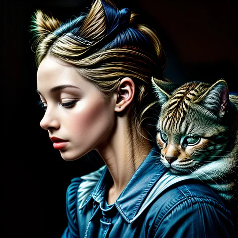 fantasy、alice in wonderland、1 illustration of a girl and orange tabby、(a girl sleeping while leaning against an orange tabby:1.５...