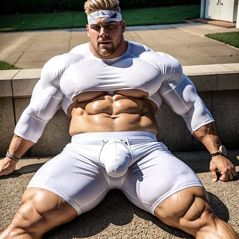 incredibly huge over-muscular excessively massively bodybuilded white blond guy with undercut haircut, white lycra shorts, white socks, white fashion chunky sneakers, so incredibly heavy  gigantic over-inflated monstruous crotch , and over-inflated pecs ar...