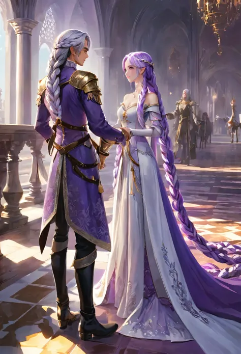 (masterpiece: 1.2, best quality), (Intricate details, Depth of Field), Very detailed, A princess and a prince looked at each other, yinji, purple hair, purple eyes, long hair, white hair, double braids, gradient hair, Royal Costumes, Slim body, Golden Crow...