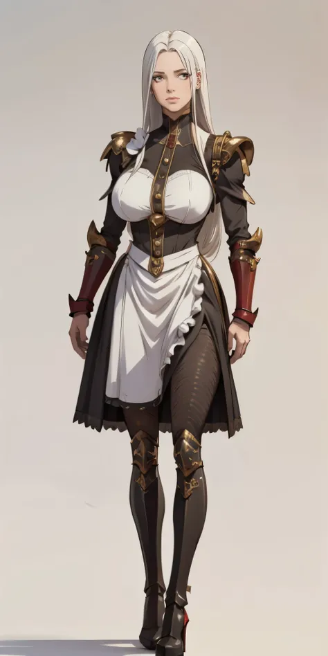 (Masterpiece, plain background:1.2) Female, standing, straight, long_hair, messy_hair, white_hair, maid with armor, metal high heels