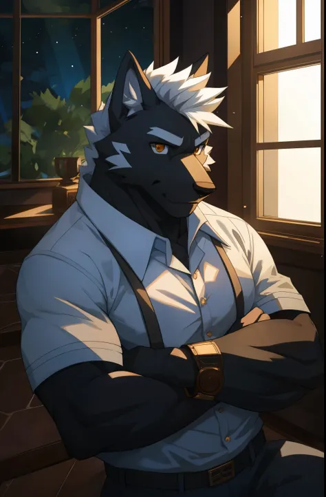 masterpiece，night，Anthropomorphic wolf，one person，（（（s hair））），male，26 years old，Thick eyebrows，Light-colored fur，Strong body，pectoralis major，（（（，black，gold watch，Contact））），full-body shot，在废墟struggle，（（（With a submachine gun））），（（（Looking out the window）...