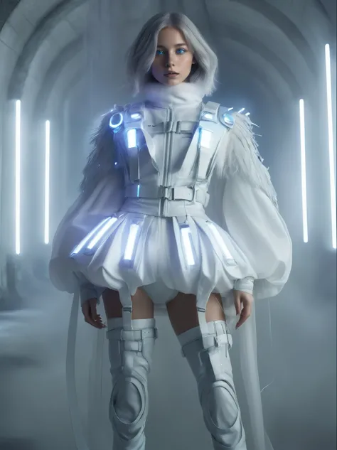 masterpiece, Best Quality, Realistic, In the dimly lit colony shrouded in white mist, she jumping as a solitary fashion model. She is standing in a cyber-themed outfit centered around the color white. She wears a high-neck, sleeveless top paired with a max...