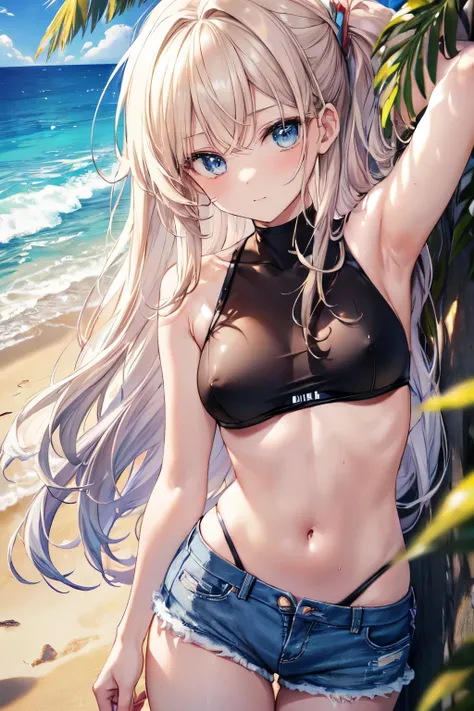 最high quality、Best image quality、masterpiece、Teenage Girl((18-year-old、 By becoming、Best Bust、Medium Bust,Nipples are visible、blue eyes, Blonde Hair、Habitual hairstyle、Long Hair、thin,Blue shorts、Attractive face、sweating、like、Stay close to your audience、Lea...