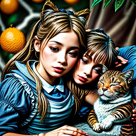Fantasy、Alice in Wonderland、Illustration of a girl and orange tabby、(A girl sleeping while leaning against an orange tabby:1.5)、Forest Background、Beautiful detailed eyes、Beautiful detailed lips、Highly detailed faces and features、Long eyelashes、Cinematic li...