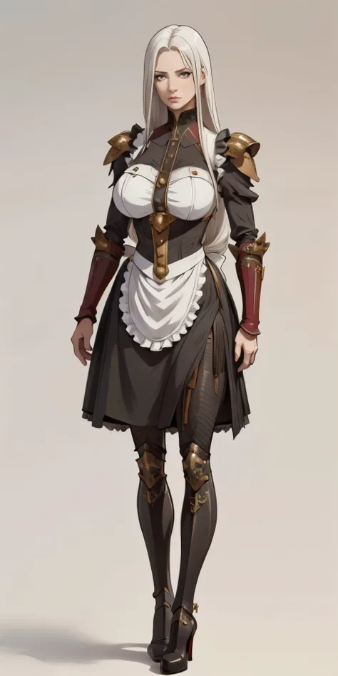 (Masterpiece, plain background:1.2) 1sologirl standing, straight, long_hair, messy_hair, white_hair, maid with armor, metal high heels