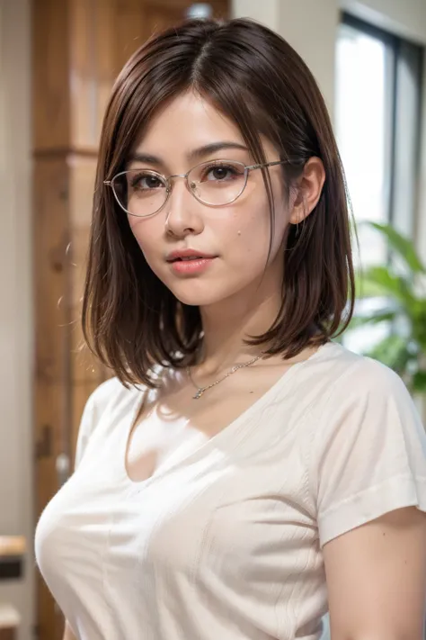 8k, highest quality, masterpiece, Realistic, Realistic, Very detailed, Natural light, Shapely breasts, Her cleavage is visible, 1 person, 25-year-old woman, Black Hair, (Straight hair), (short hair), (Bob Hair), Silver-rimmed glasses, ((Look at the viewers...