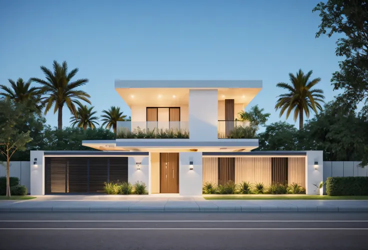 Minimalist architecture, the main materials of the house include white walls, blue concrete effect walls, Realistic images, extremely detailed, a modern house, 1 road in font of house, large yard made by ceramic, (1 car), brick fence, lawn, a few small flo...