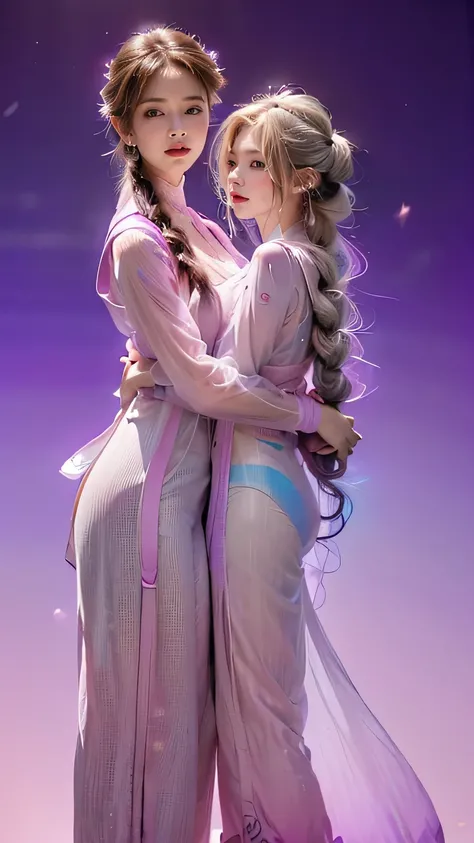 highest quality, Very detailed, masterpiece,hug,Two women hugging each other,(((Perfect female body))),Very beautiful face,Very beautiful body,Gentle expression, Very beautiful eyes,(Perfect Makeup:1.1),Fashion Model,Cyberpunk Fashion,Cinematic Light,Curly...