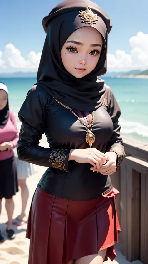 RAW, Best quality, high resolution, masterpiece, ultra realistic,32k,intricate details, sharp focus, realistic, closed. Indonesian woman aged 25 years, beautiful face, wear long sleeves and wear a long skirt, wearing a hijab and beach hat, Muslim-style pol...