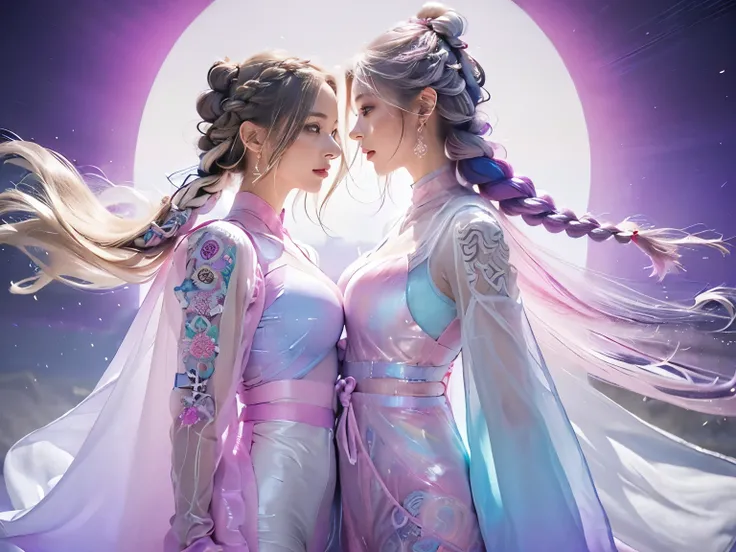 highest quality, Very detailed, masterpiece, Two women posing,(((Perfect female body))),Very beautiful face, Very beautiful body,Gentle expression, Very beautiful eyes,(Perfect Makeup:1.1),Fashion Model,Cyberpunk Fashion,Cinematic Light,Curly Hair,Shaggy H...