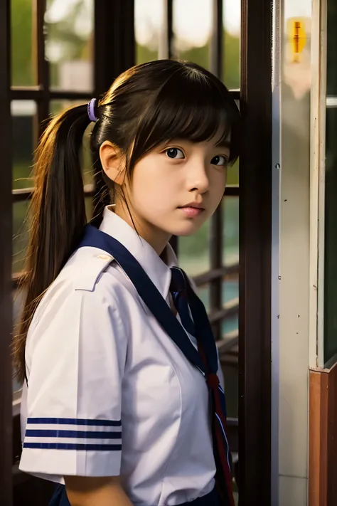 Girl in messy uniform。At the window of an empty classroom at dusk。Staring at me。High twin tails。