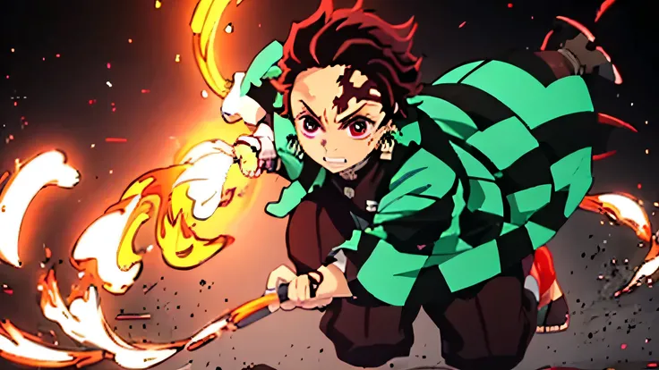 Create an illustration of Tanjiro Kamado from the anime "Demon Slayer: Kimetsu no Yaiba". He should be depicted in his standard demon slayer outfit, which includes a green and black checkered haori (jacket) over a black uniform. His hair is dark and slight...