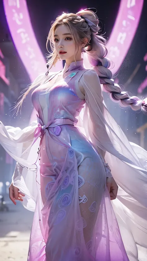 highest quality, Very detailed, masterpiece, Two women posing,(((Perfect female body))),Very beautiful face, Very beautiful body,Gentle expression, Very beautiful eyes,(Perfect Makeup:1.1),Fashion Model,Cyberpunk Fashion,Cinematic Light,Curly Hair,Shaggy H...